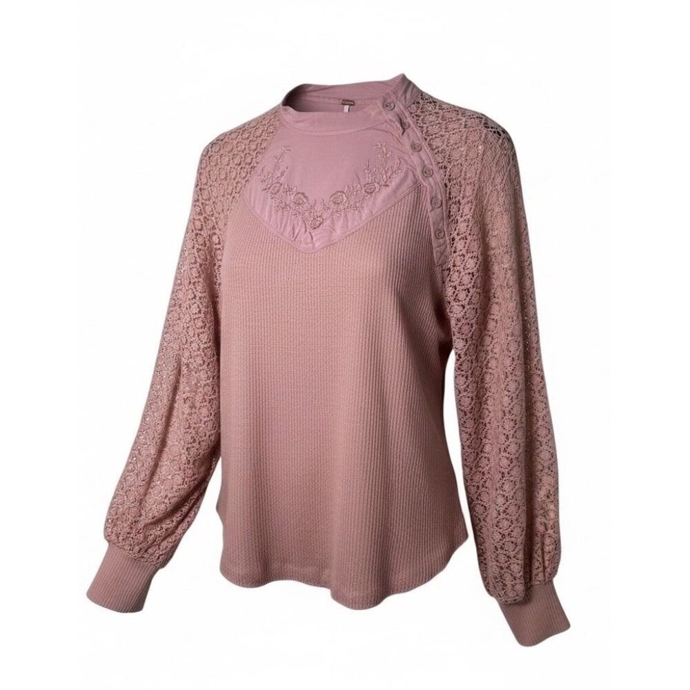 Free People Sweetest Thing Thermal Crochet Sleeve Top Rose Mauve M